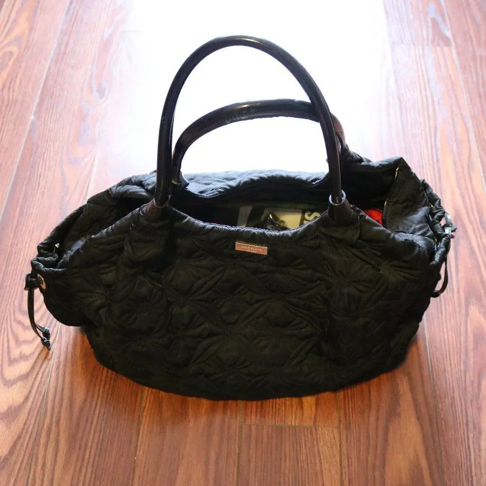 Kate Spade Large Quilted Nylon Black Diaper Bag patent leather handles Crossbody